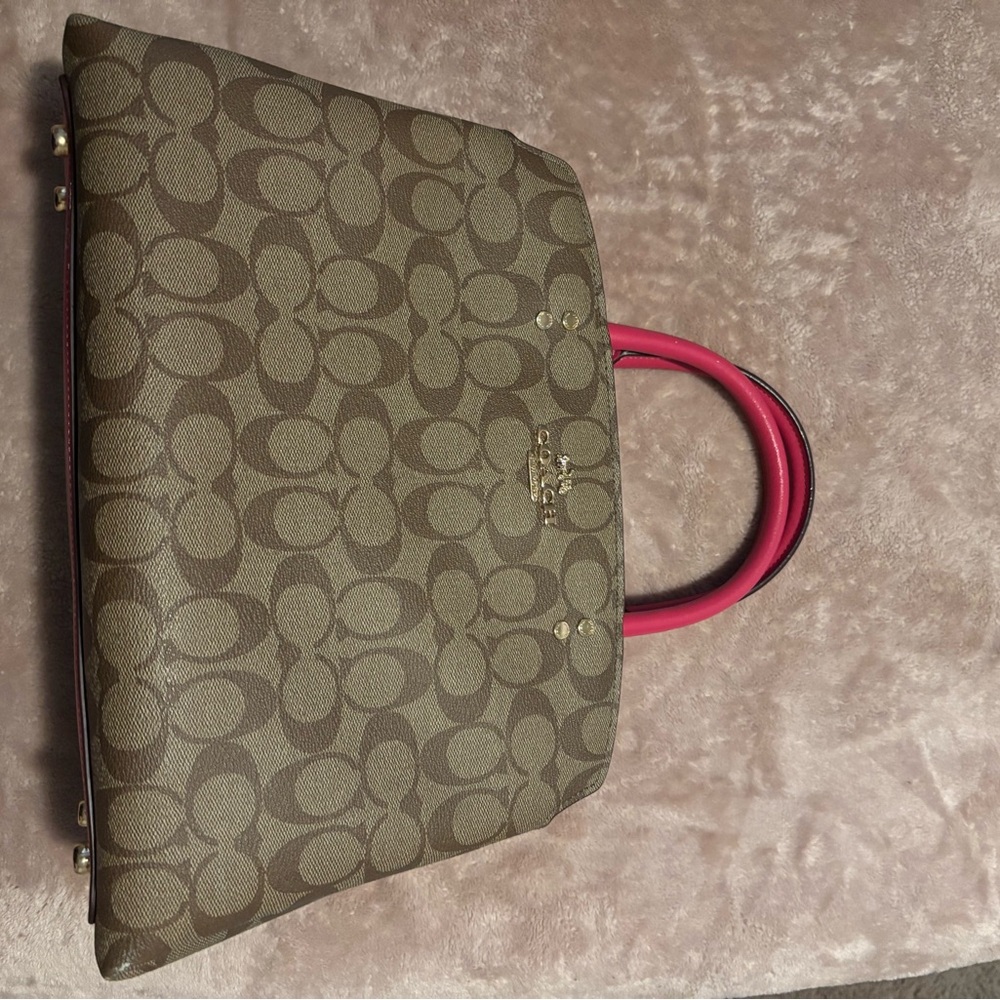 Coach Signature Brown Satchel with Pink Handles